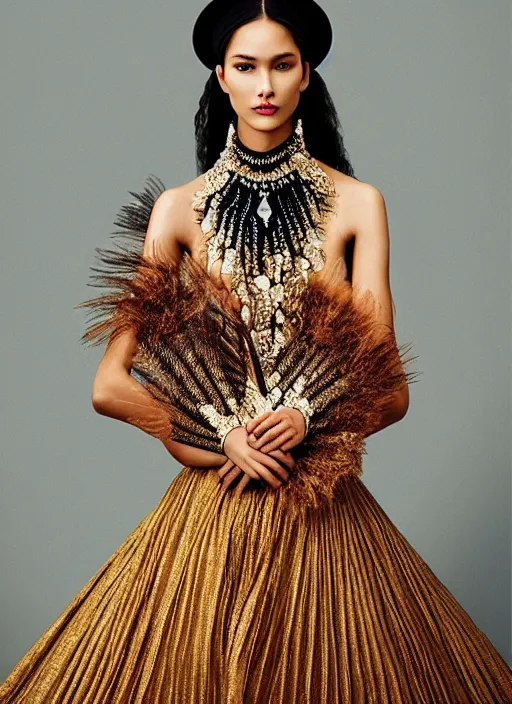 Image similar to glorious and luxurious haute couture dress on indigenous model woman with smooth skin, portrait, voluminous, masterpiece, intricate