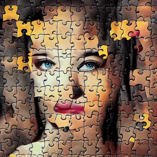 Prompt: A surreal oil painting of puzzle of a portrait of a beautiful woman with scattered puzzle pieces by Salvador Dali, dark vibes, high contrast