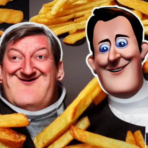 Image similar to photo of [ a single french fry chip ] shaped into stephen fry as a pixar character hybrid intercross mix cinematic lighting