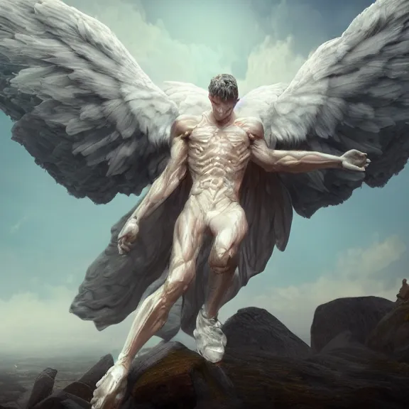 Image similar to cinematic full body shot of a male angel flying over hell, that's a beautiful stunning male angel, elegant pose, flying, detailed arms, streamlined white armor, two arms, two legs, detailed fanart, macro art, realistic digital art, DeviantArt, artstation, 3D realistic, 8k HD, octane render