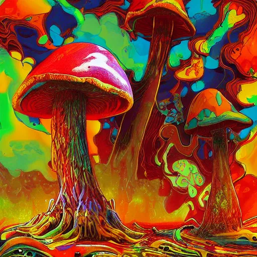 Image similar to trippy angry mushroom eat a meat, acrilic paint, digital, artstation, detailed intricate ink illustration, heavenly atmosphere, digital art, overdetailed art, concept art, complementing colors, trending on artstation, cgstudio, the most beautiful image ever created, dramatic, subtle, details, award winning artwork, beautiful scenery