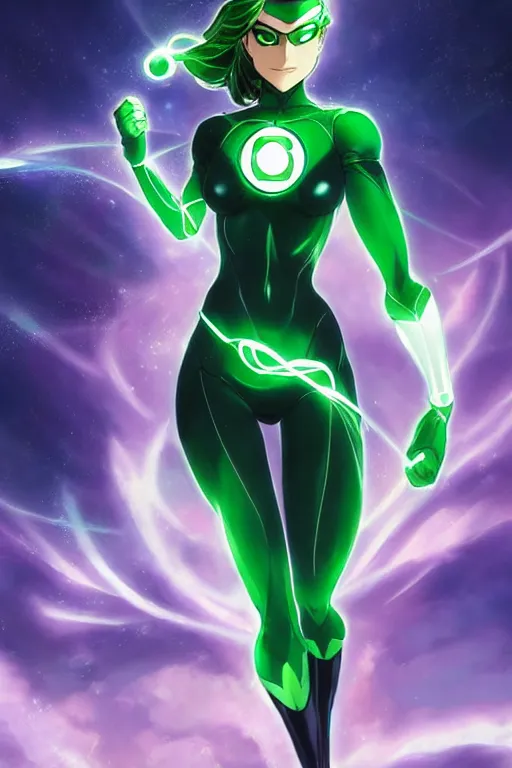 Image similar to anime key visual of a beautiful young female green lantern!! intricate, green and black suit, glowing, powers, dc comics, cinematic, stunning, highly detailed, digital painting, artstation, smooth, hard focus, illustration, art by artgerm and greg rutkowski and alphonse mucha