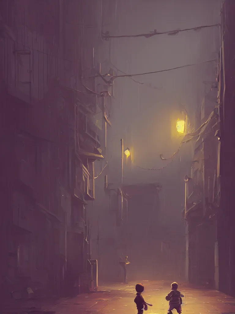 Prompt: a little boy in a dark alley in a big city a painting from stalenhag, 4 k, 8 k, hdr, artstation, concept art