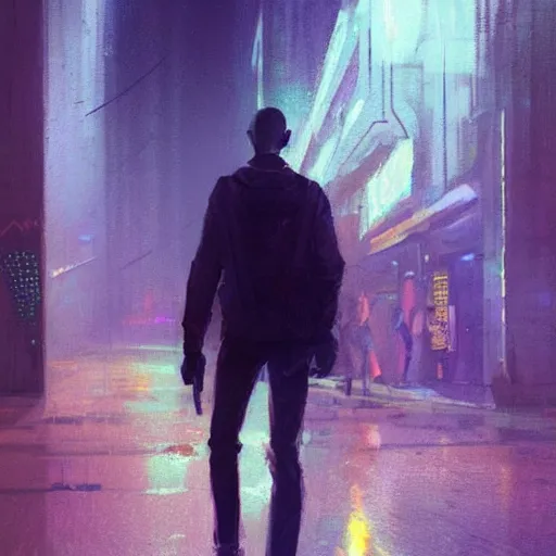 Image similar to concept art by greg rutkowski, a very tall and slender young man walking through the interior of a brutalist looking neighborhood full of holograms and shops while he smokes a cigarette, ambient lighting in neon tones, scifi, highly detailed portrait, digital painting, artstation, concept art, smooth, sharp foccus ilustration, artstation hq