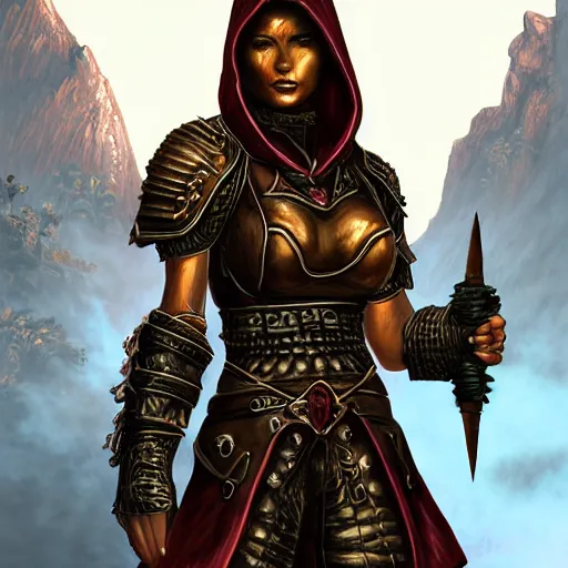 Image similar to unknown the elder scrolls vi hammerfall, charismatic rugged female redguard character portrait partially clothed in hooded metal - plated exquisitely detailed hooded battle armour, desert, tropical jungle setting, atmospheric lighting, painted, intricate, volumetric lighting, beautiful, rich deep colours masterpiece, sharp focus, ultra detailed