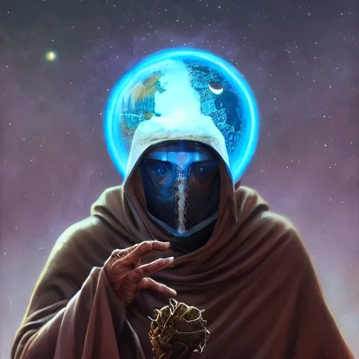 Image similar to masked nomad male wearing a cloak on an alien world and holding a holographic planet projection in his hand, detailed, sci - fi, digital painting, artstation, sharp focus, illustration, ominous, artgerm, tomasz alen kopera, peter mohrbacher, donato giancola, joseph christian leyendecker, wlop, frank frazetta