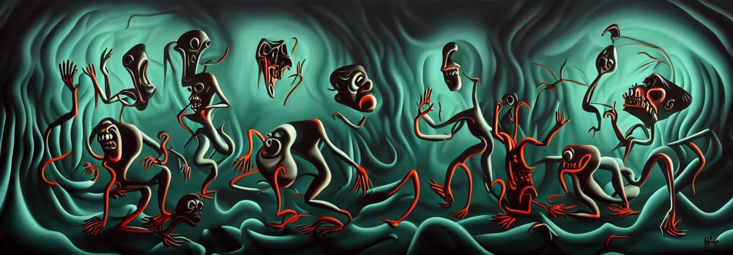 Image similar to visceral freaky monsters from the darkest depths of collective unconscious, dramatic glowing lighting, 1 9 3 0 s fleischer cartoon characters, wild emotional expressions - surreal painting by ronny khalil