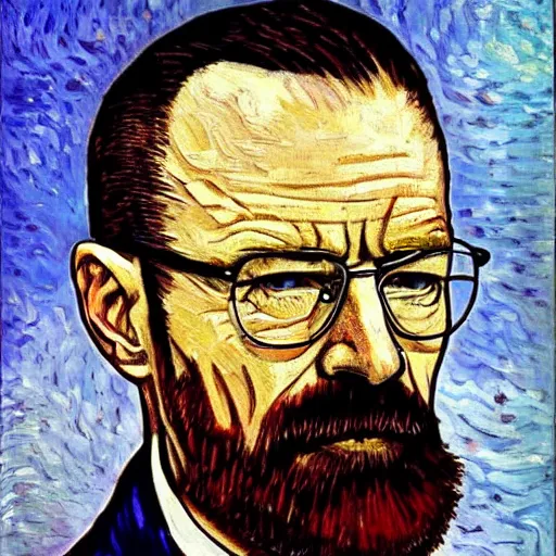 Image similar to walter white painted by van gogh, oil painting, intricate, stylized, painting