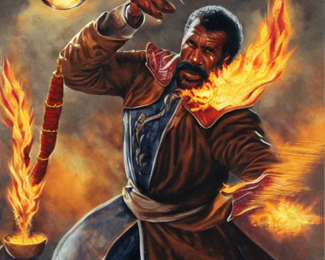 Image similar to fred williamson as a fire mage casting a fireball spell, fantasy artwork, extremely detailed, high quality, award - winning,