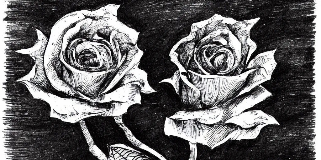 Prompt: ink lineart drawing of a rose, white background, etchings by goya, chinese brush pen illustration, high contrast, deep black tones, contour