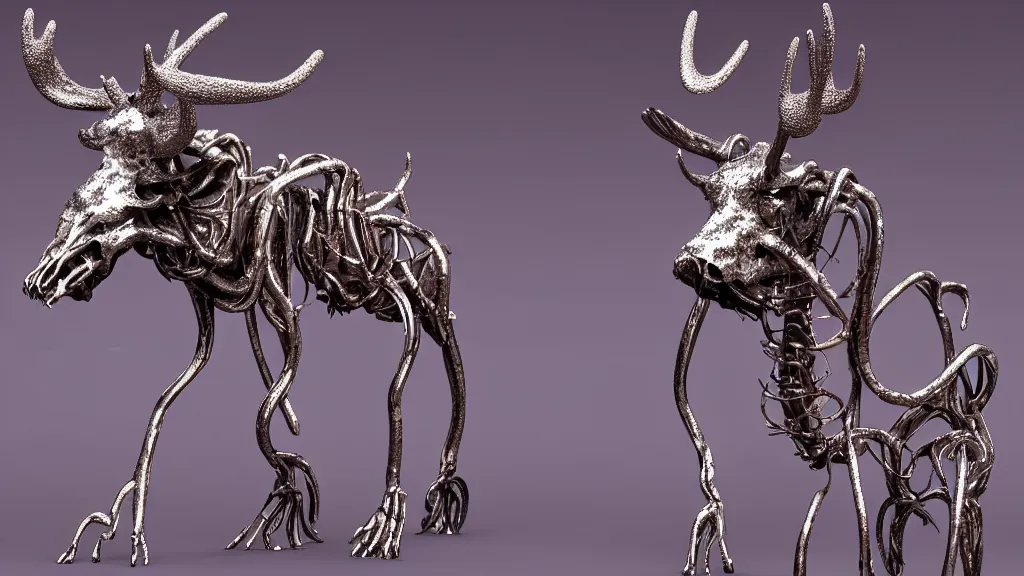 Image similar to stylized shiny polished silver statue full body bizarre extra limbs cosmic horror quadruped animal moose deer skull four legs made of marble of slug worm creature tendrils perfect symmetrical body perfect symmetrical face hyper realistic hyper detailed by johannen voss by michelangelo octane render blender 8 k displayed in pure white studio room anatomical deep red arteries veins flesh animatronic