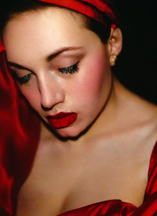 Image similar to extra close-up, color film photography, portrait of beautiful woman in red silk, in style of nan goldin, blue hour, 35mm, film photo