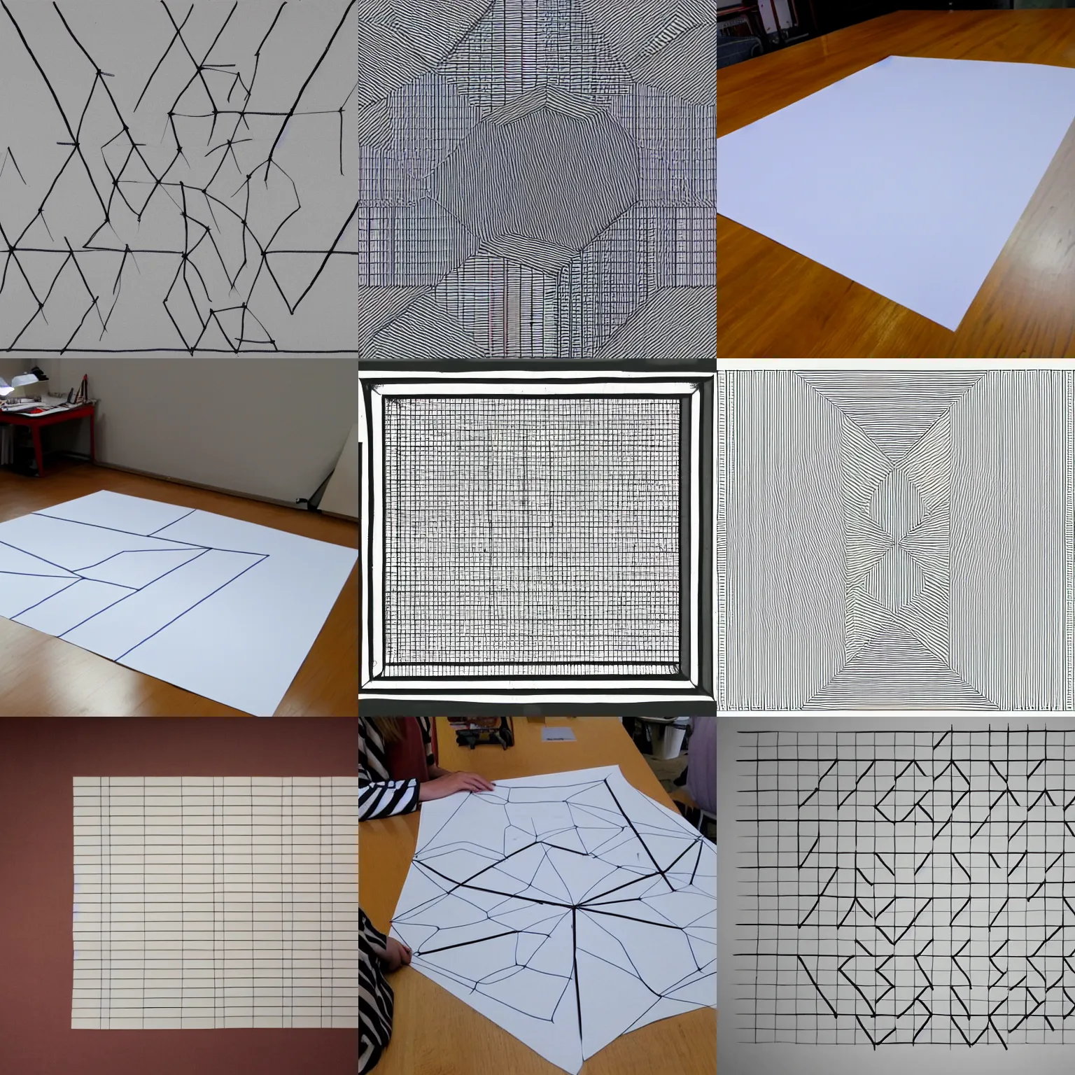 Prompt: a huge sheet of paper on which are drawn straight lines, triangles, squares, pentagons, hexagons