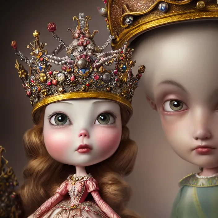 Image similar to highly detailed closeup, profile portrait of a tin toy fairytale princess wearing a crown, unreal engine, nicoletta ceccoli, mark ryden, earl norem, lostfish, global illumination, detailed and intricate environment