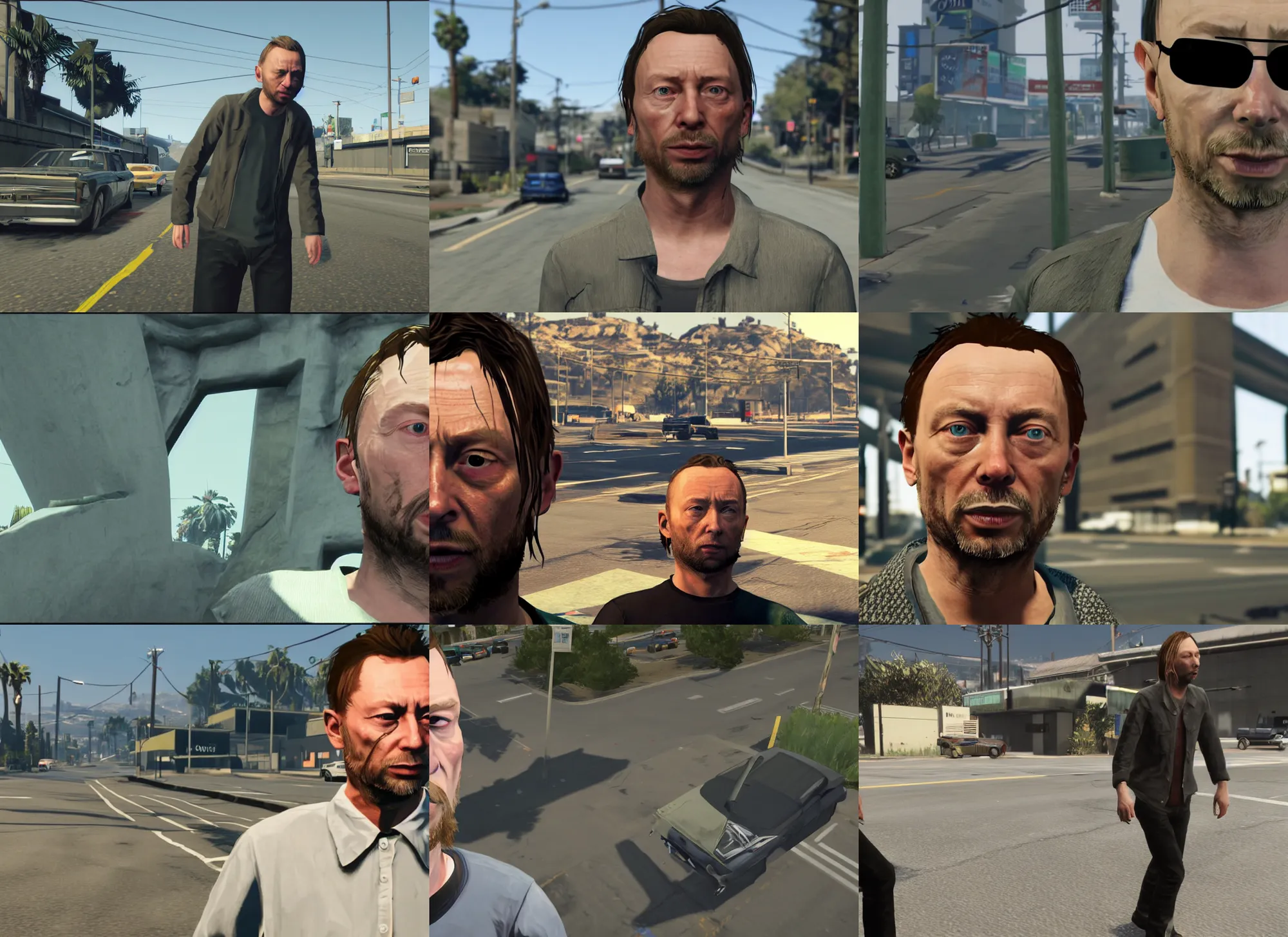 Prompt: thom yorke in gta v, gaming, screenshot, detailed, high quality