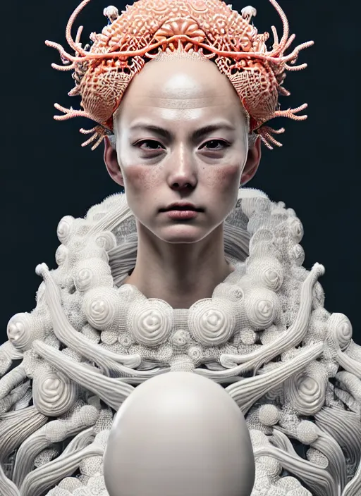 Prompt: portrait of an absurdly beautiful, graceful, sophisticated, saitama, hyperdetailed illustration by irakli nadar and alexandre ferra, intricate linework, white porcelain skin, faberge, coral headdress, unreal engine 5 highly rendered, global illumination, radiant light, detailed and intricate environment