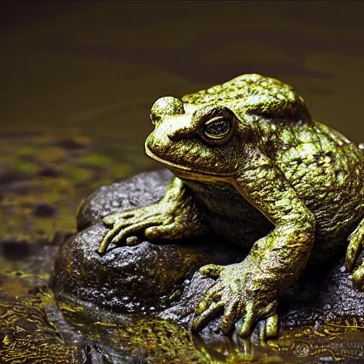 Prompt: toad philosopher The Thinker, swamp, sculpture by Auguste Rodin, hyperrealism, symmetric, by Irving Penn, bokeh top cinematic lighting , cinematic mood, very detailed, shot in canon