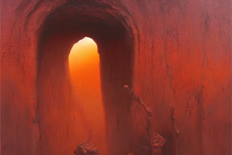 Image similar to portal to hell opening in the desert by tomek setowski and zdzislaw beksinski, deep rich colors, surreal oil painting, dream like, highly detailed, symmetry, masterpiece