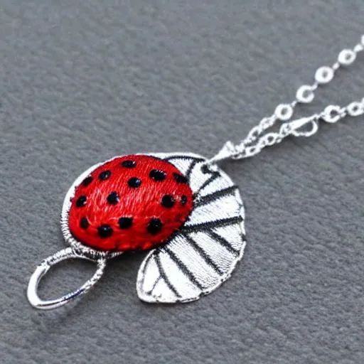 Image similar to silver embroidered necklace in the shape of a ladybug on a leaf, photo, artstation