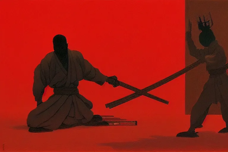 Image similar to only with red, a red samurai harakiri, tokio, a lot of frogs watch, in the style of beksinski, parts by edward hopper, parts by rodcenko, parts by yue minjun, intricate and epic composition, red by caravaggio, insanely quality, highly detailed, masterpiece, red light, artstation, 4 k