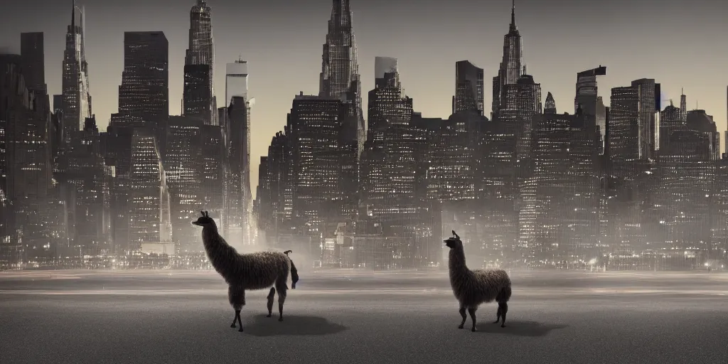 Image similar to a llama walking through a desolate manhattan city street at night, statue of liberty seen in the background, realistic 4 k octane beautifully detailed render, 4 k post - processing, highly detailed, detailed face, intricate complexity, epic composition, magical atmosphere, cinematic lighting, masterpiece, color picture, ultra hd