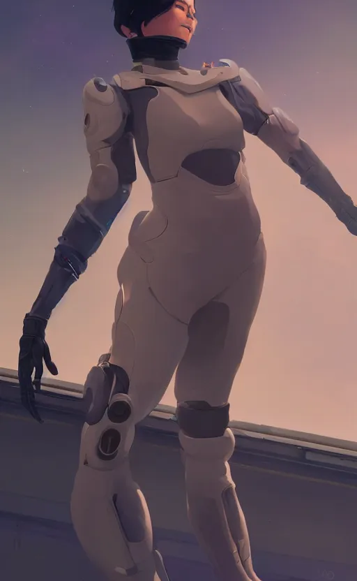 Image similar to sci fi female character, muted colored bodysuit, sci-fi oversized mechanical boots that go up to the thigh that are thick and clunky, soft lighting, wojtek fus, by Makoto Shinkai and Ilya Kuvshinov,