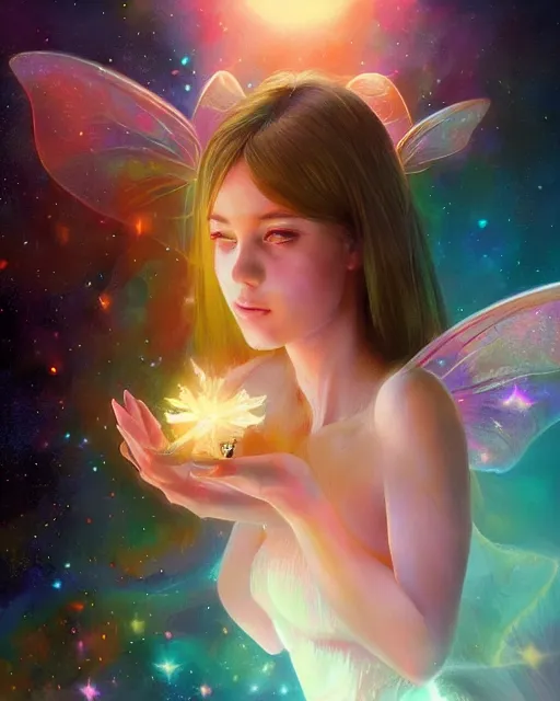 Image similar to a detailed image of an attractive!!!! girl with psychedelic! fairy wings holding!! a crystal!! containing all of reality and galaxies, by greg rutkowski artgerm ross tran ilya kuvshinov. volumetric lighting, digital art, subtle and detailed