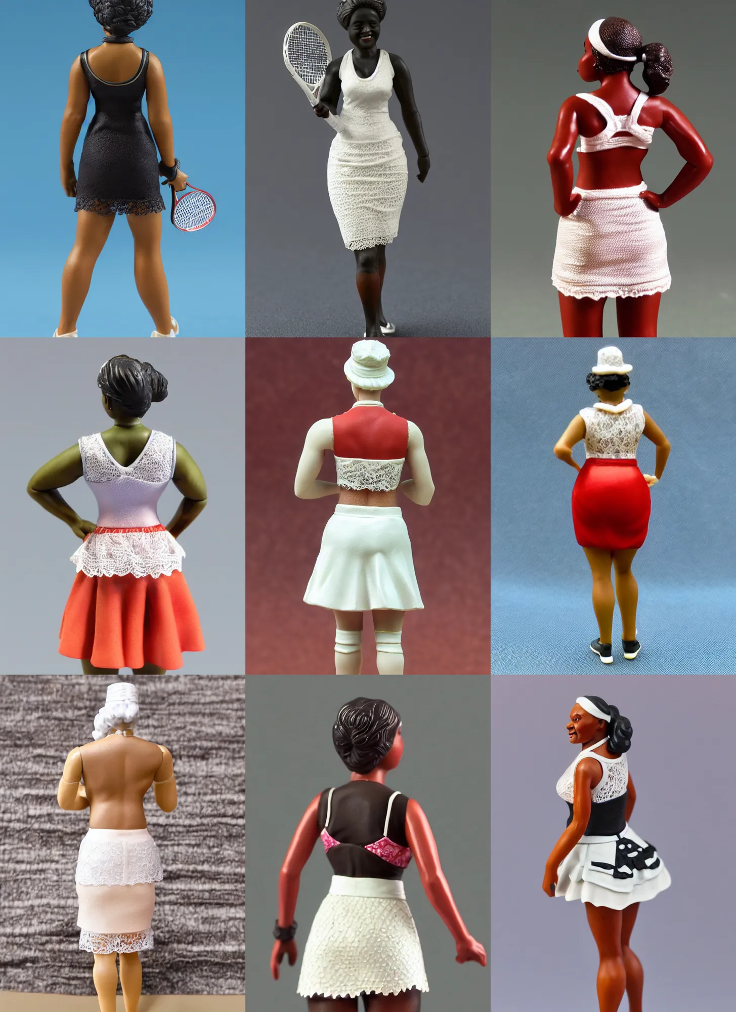 Prompt: 80mm resin model figure of a Hattie McDaniel in detailed sleeveless tennis wear, mini-skirt, lace fabric ; Miniature product Photo, 4K, Full body, view from behind