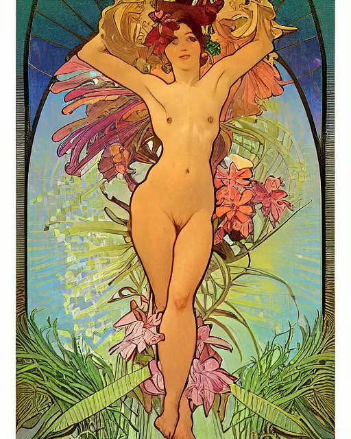 Image similar to a Poster of a bacalaito fritter with tropical iconography of a variety of tropical flora, cell shading, by Alphonse Mucha, Moebius, hiroshi yoshida, Art Nouveau, colorful, ultradetailed, vivid colour, 3d