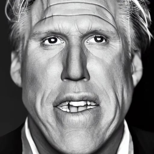 Image similar to Gary Busey symmetrical face, headshot, sad