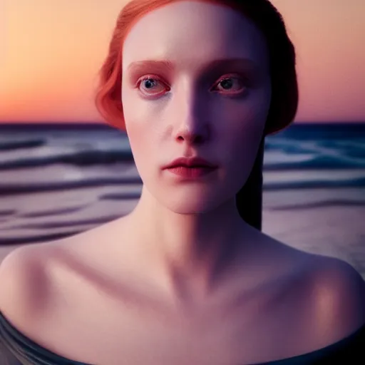 Image similar to photographic portrait of a stunningly beautiful english renaissance female in soft dreamy light at sunset, beside the sea, soft focus, contemporary fashion shoot, in a denis villeneuve and tim burton movie, by edward robert hughes, annie leibovitz and steve mccurry, david lazar, jimmy nelsson, extremely detailed, breathtaking, hyperrealistic, perfect face, octane render