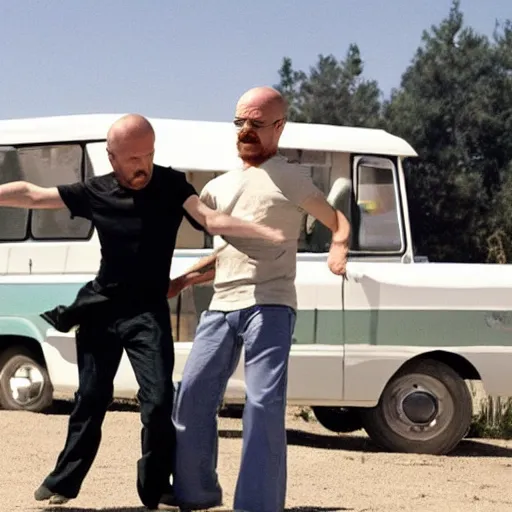 Prompt: jesse pinkman and walter white dancing on top of a caravan