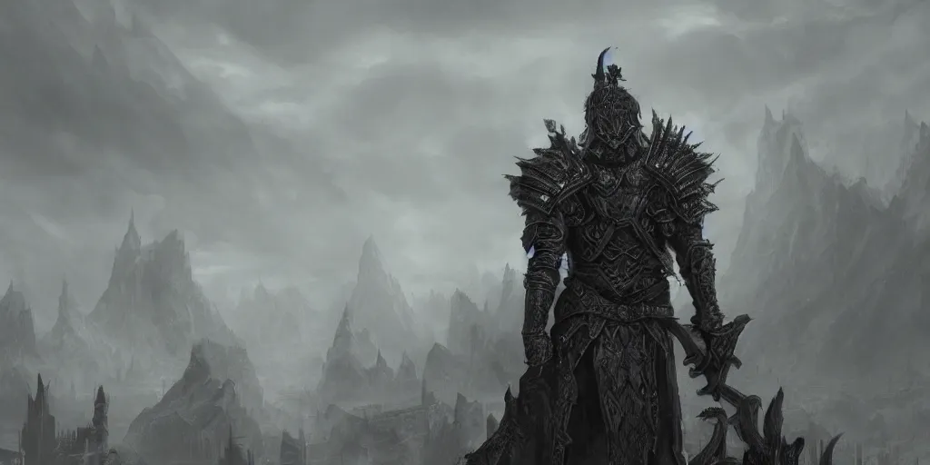 Prompt: a highly detailed matte painting of a fantasy warrior in slate gray bone armor, ominous, foreboding, dark, trending on artstation,
