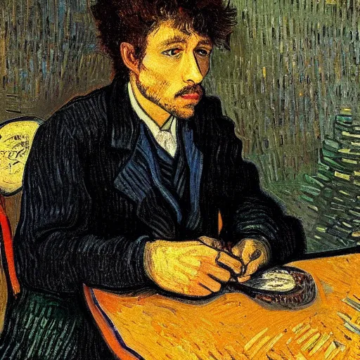 Prompt: detailed portrait of 1890s french bob dylan at his dining table painted by vincent van gogh