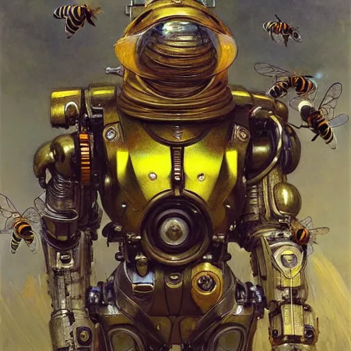 Image similar to highly detailed robot in the form of a bee, art by donato giancola, eugene delacroix, ruan jia, carl larsson, peter mohrbacher. trending on artstation, intricate details, energetic composition,, concept art, illustration, elegant art, global illuminaition