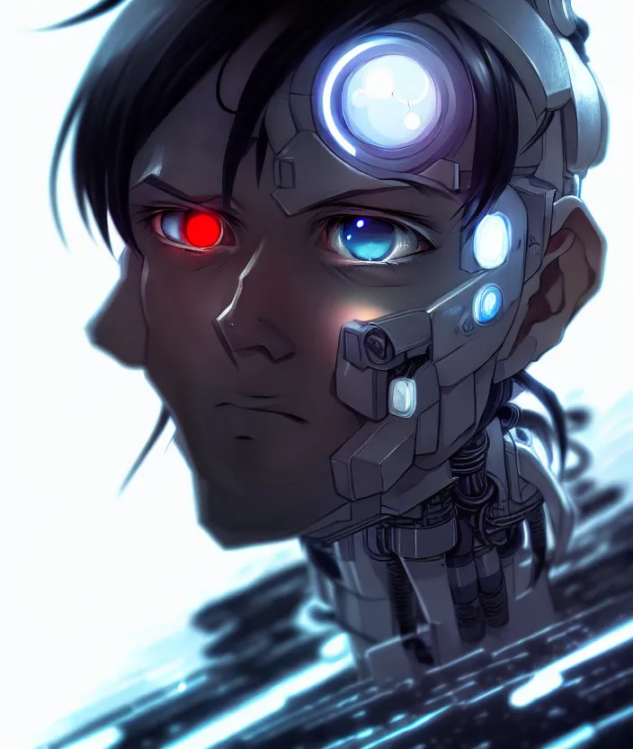 Image similar to a detailed manga illustration character full body portrait of a dark haired cyborg anime man, half of his face is cybernetic, trending on artstation, digital art, 4 k resolution, detailed, high quality, sharp focus, hq artwork, insane detail, concept art, character concept, character illustration, full body illustration, cinematic, dramatic lighting