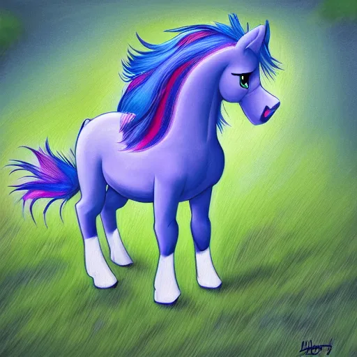Prompt: a blue pony with purple hair standing in the grass, an ultrafine detailed painting by muggur, featured on deviantart, brony art, flat shading, angular, booru, hasbro