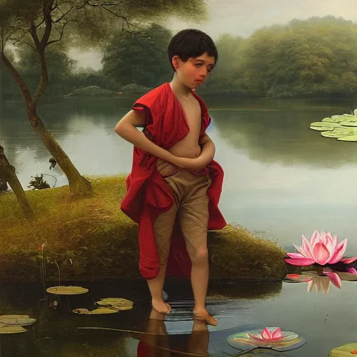 Image similar to in the style of William Whitaker, a boy is Looking at the lotus in the lake,very high details, facial details, Realism painting, 4K ,
