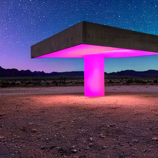 Prompt: concrete structure with neon lights in the middle of a desert, minimalistic architecture, at night, dark, surreal, open space, light art, james turrel,