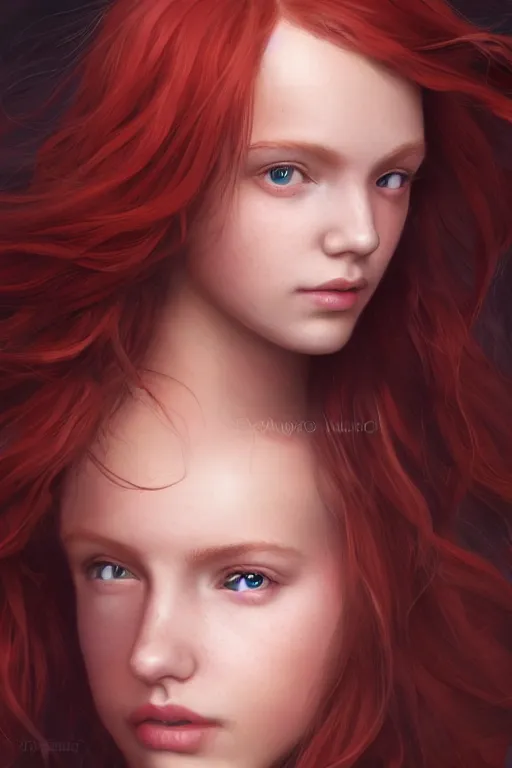 Image similar to ultra realistic style illustration of a beautiful cute red haired joyful 1 9 year old teen, full portrait, long hair, sci - fi, fantasy, intricate, elegant, digital painting, artstation, concept art, smooth, sharp focus, 8 k frostbite 3 engine, ultra detailed, art by artgerm and greg rutkowski and magali villeneuve