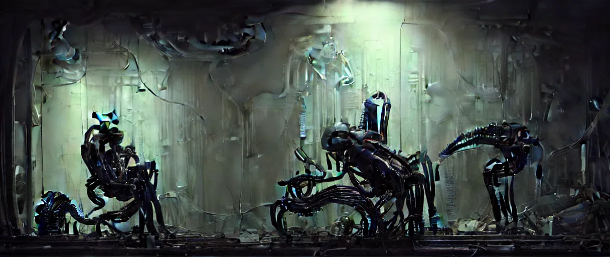 Prompt: duotone noir hyperreal concept illustration of fossilized black xenomorph alien machinery engineer sitting in chair by hr giger. cosmic horror atmosphere. accidental renaissance composition. cinematic volumentric lighting. by sachin teng and sergey kolesov and ruan jia and heng z. graffiti art, scifi, fantasy, hyper detailed. octane render. trending on artstation
