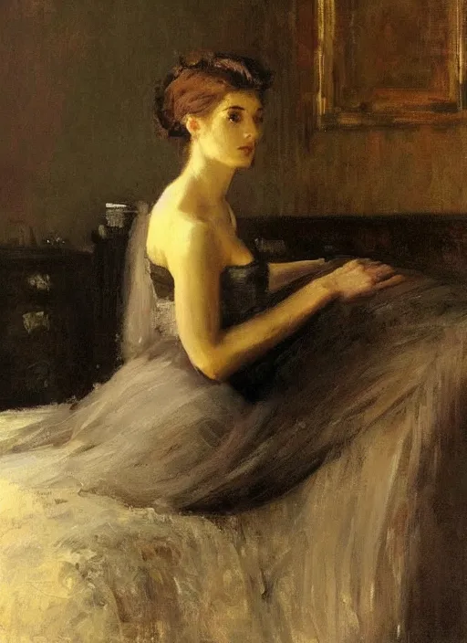 Image similar to beautiful portrait painting of an elegant victorian woman posing in an artistic pose over a bed, by jeremy mann, only one head single portrait