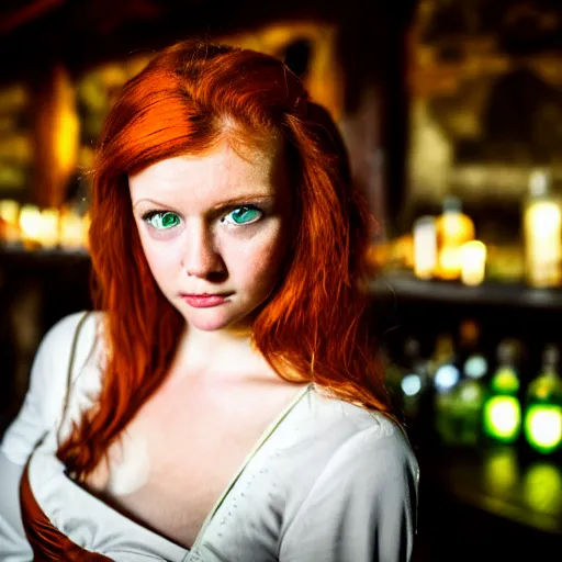 Image similar to beautiful bar maid with auburn hair and green eyes, in a medieval tavern at night, dramatic, cinematic, filmic, 7 5 mm, f / 1. 8