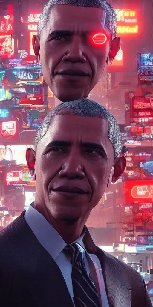 Image similar to “beautiful up close photo of Obama staring toward camera while sitting in the streets of night city’s corpo plaza, cyberpunk 2077”