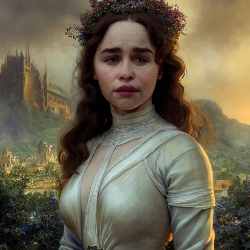 Prompt: a very detailed Magic portrait painting of Emilia Clarke, a very detailed fantasy city background, a very detailed dramatic sky, light particles, environment drawn by Donato Giancola and Tom Bagshaw, Edmund Leighton, character design by Alphonse Mucha, 4k, volumetric lighting, komorebi, award winning, octane render, hyperrealistic