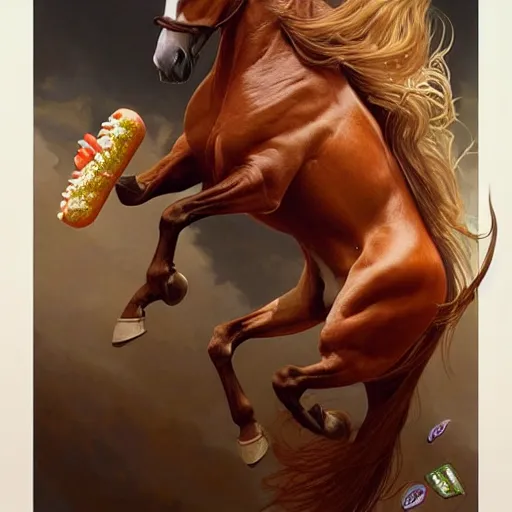 Image similar to portrait of a horse with hot dogs for legs, handsome, D&D, fantasy, intricate, elegant, highly detailed, digital painting, artstation, concept art, matte, sharp focus, illustration, art by Artgerm and Greg Rutkowski and Alphonse Mucha