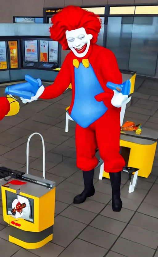 Image similar to photo of ronald mcdonald robbing a bank with a gun. security footage. award winning. very high quality. hq. hd.