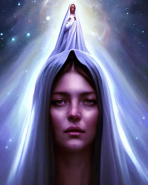 Image similar to epic portrait cinematic shot a giant virgin mary face in space, dark, stars, glowing, glowing eyes, fine details. night setting. realistic shaded lighting poster by craig mullism, artgerm, jeremy lipkin and michael garmash, unreal engine, radiant light, detailed and intricate environment, digital art, trending on art station,