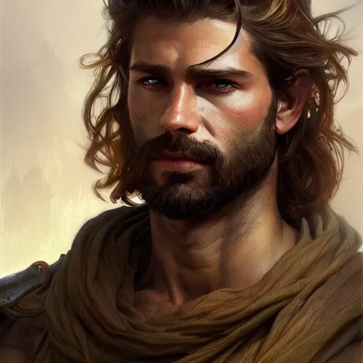 Image similar to Portrait of rugged male ranger, D&D, amber eyes, face, long hair, muscular, fantasy, intricate, elegant, highly detailed, digital painting, artstation, concept art, smooth, sharp focus, illustration, art by artgerm and greg rutkowski and alphonse mucha