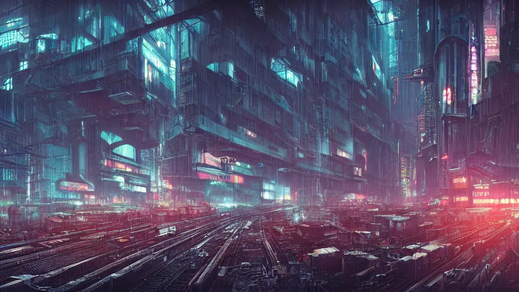 Prompt: cyberpunk industrial site. cyberpunk factories. cyberpunk city backdrop. night time. blade runner. rain. rail tracks. cyberpunk industrial area. digital render. digital painting. cyril roland. ross tran. trending on artstation